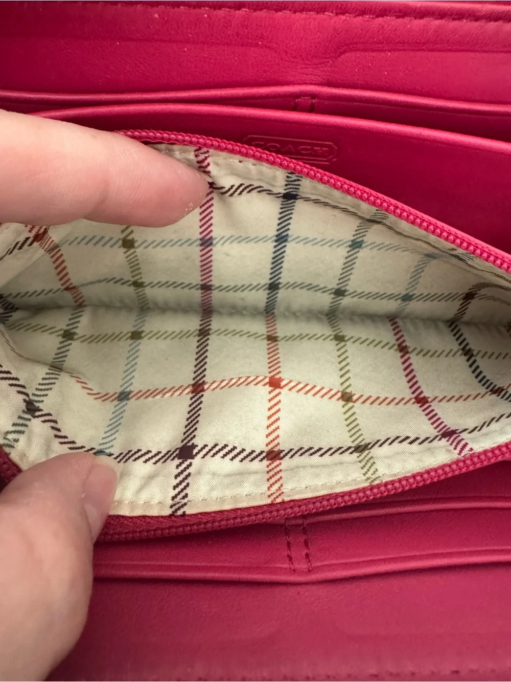 Coach Signature Zip Wallet in Brown with Pink Center Stripe and Red Trim